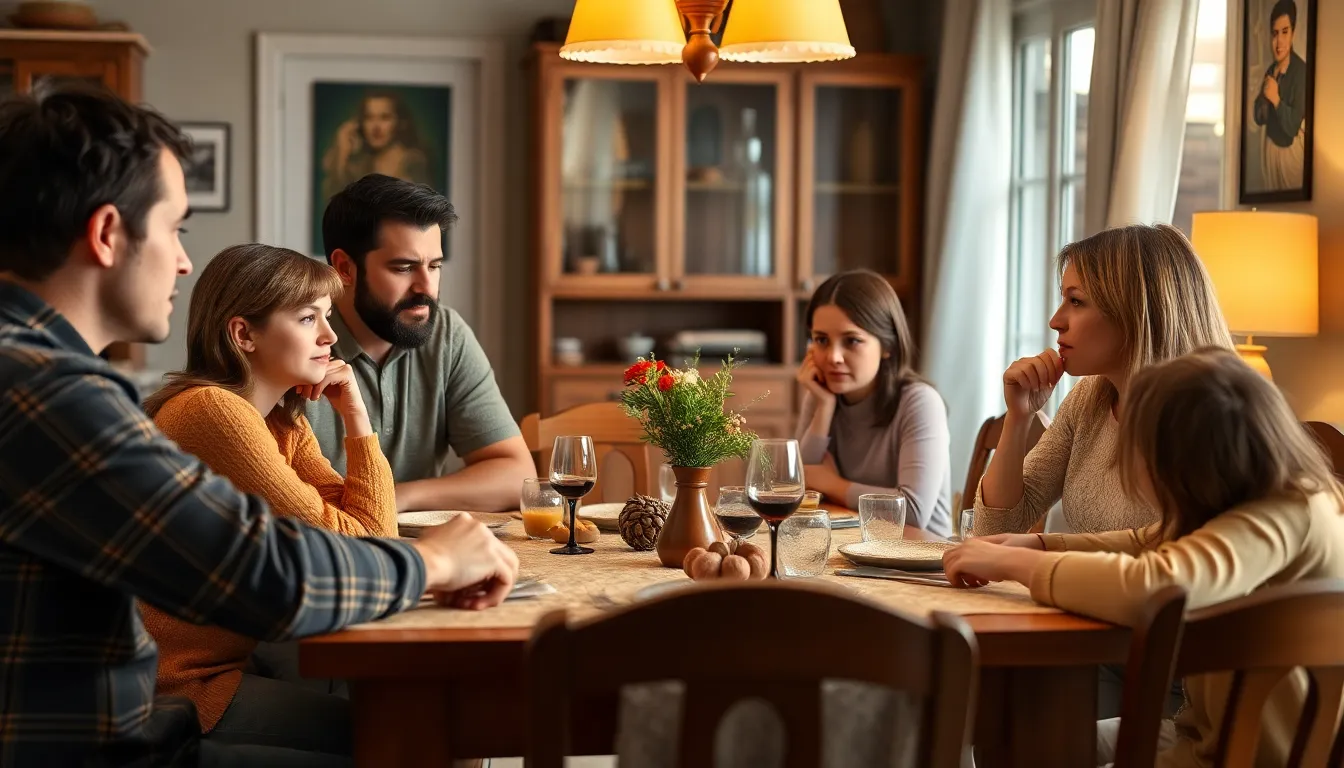 A family sits together at a dining table, their expressions reflecting tension and deep contemplation as they engage in a heated discussion about their differing beliefs and values.