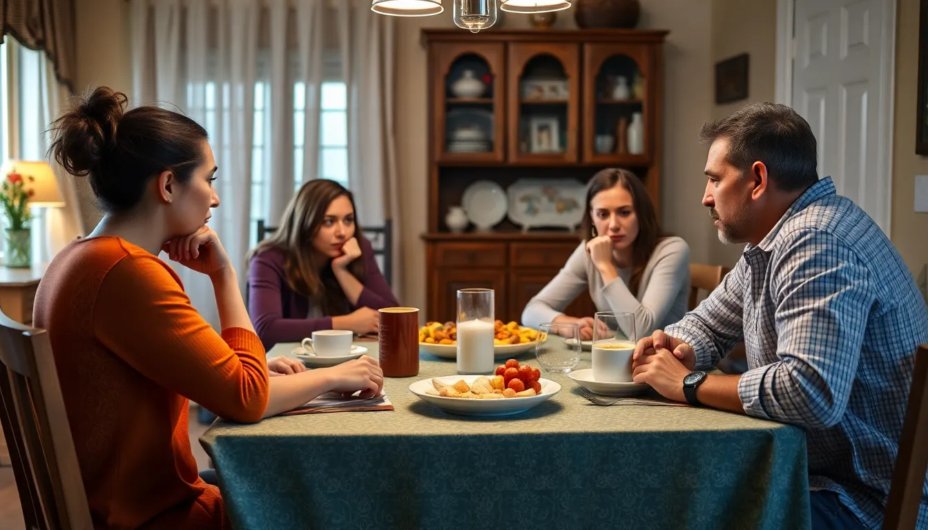 A community gathering that highlights the societal norms and pressures influencing the family's decisions and relationships