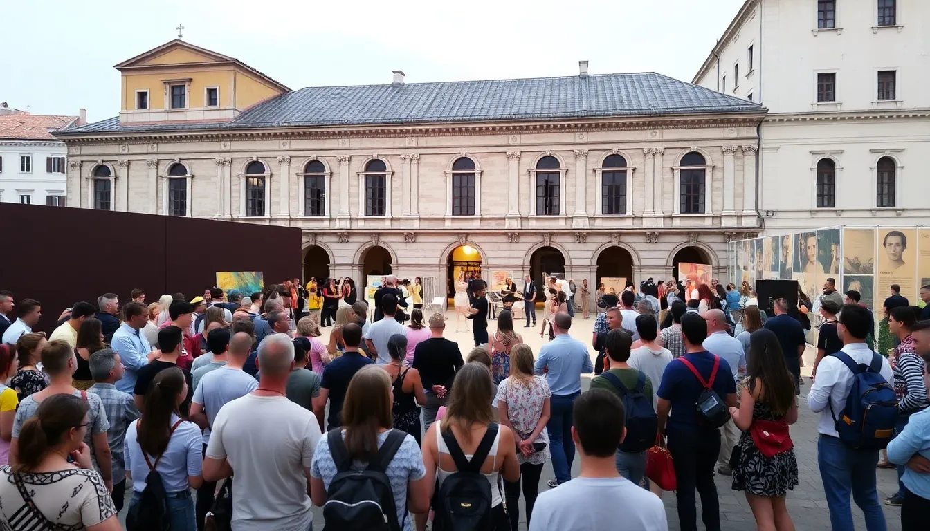 A crowd of art enthusiasts gathers outside Austria's Pavilion at the Venice Biennale, captivated by the vibrant performances and innovative displays that challenge traditional artistic boundaries.