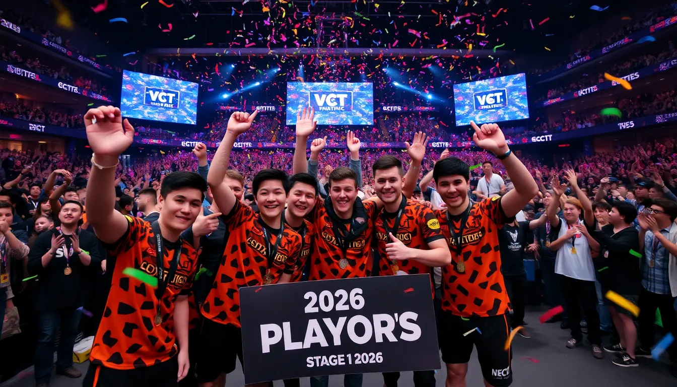 Fnatic players celebrate their victory after securing a playoff spot in the VCT EMEA Stage 1 2026, surrounded by cheering fans and confetti in the arena.