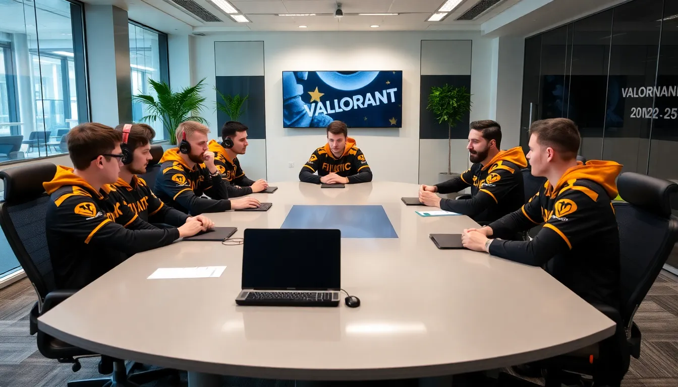 Fnatic's players gather for a team meeting, discussing recent roster changes and strategies for upcoming VALORANT tournaments.