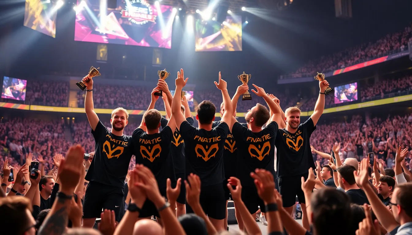 Fnatic players celebrate their victory on stage after defeating Team Vitality in a crucial match for the LEC Spring playoffs.
