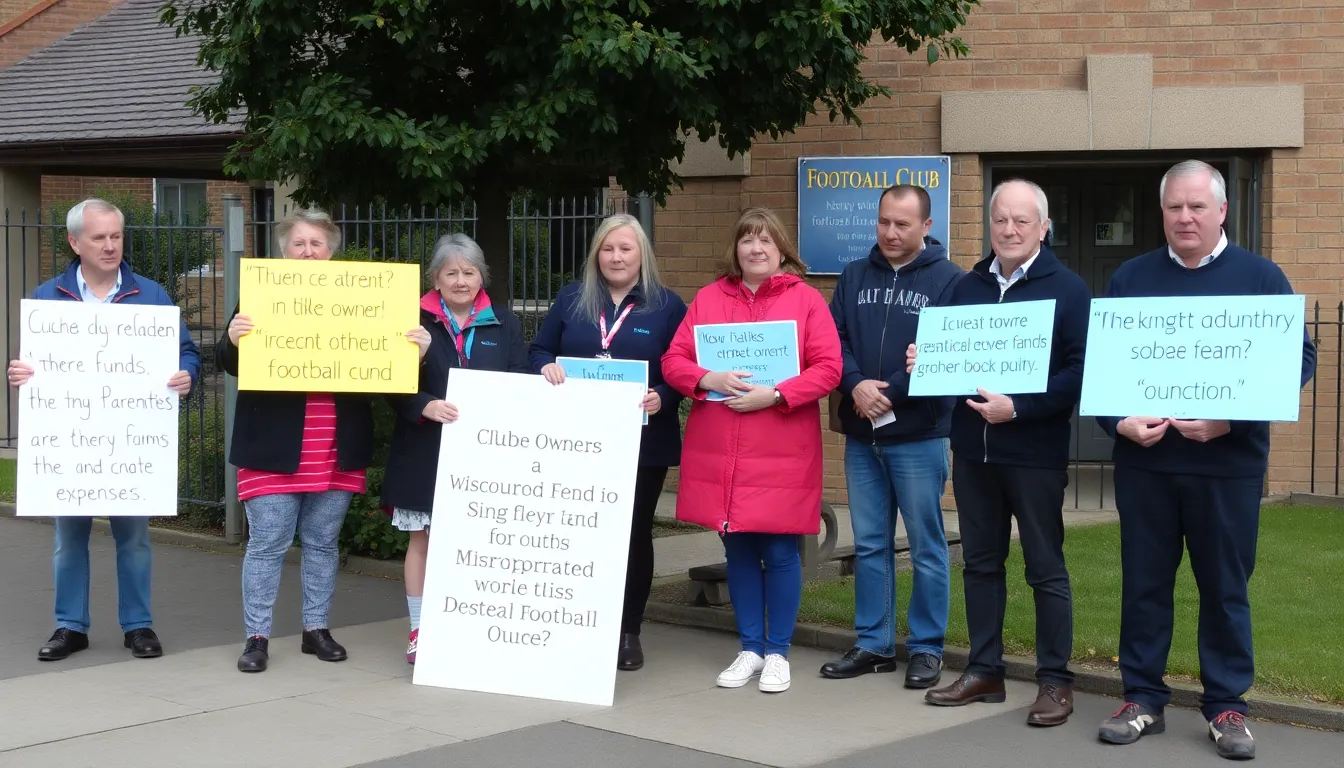 A group of concerned parents stands outside the local football club, holding signs and discussing the recent allegations against the club owner regarding the misappropriation of funds meant for their children's team expenses.