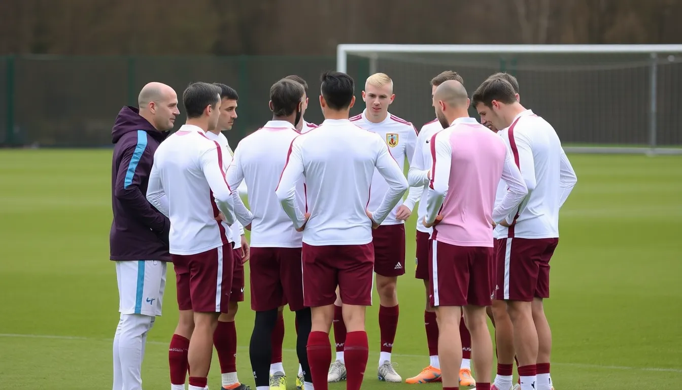 The Burnley coaching staff discussing strategies on the sideline, emphasizing the challenges of adapting to new leadership