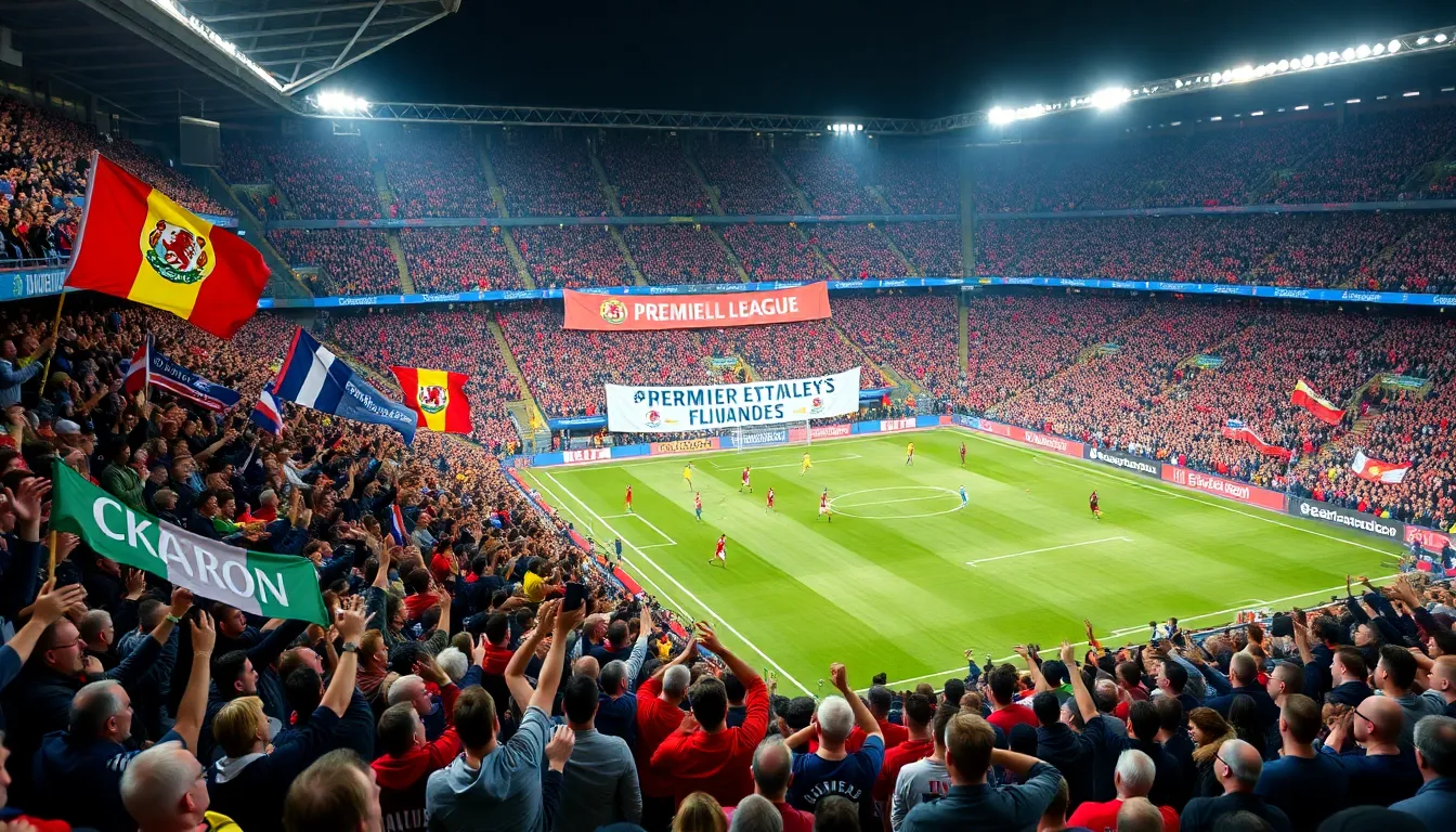 Fans cheer passionately in a packed stadium as two teams compete fiercely during a highstakes match in the Premier League.