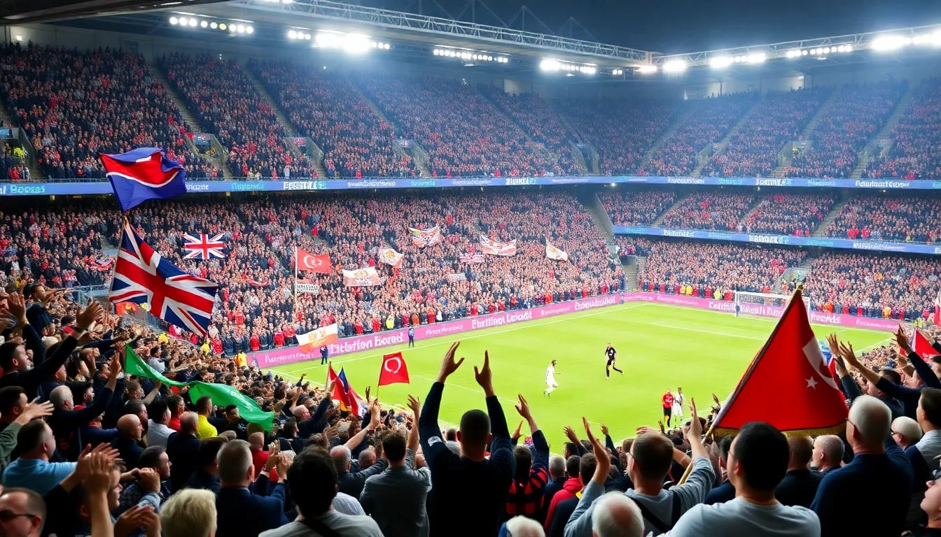 A diverse group of players from various backgrounds huddled together, symbolizing the global unity and cultural exchange that football promotes across different leagues and nations