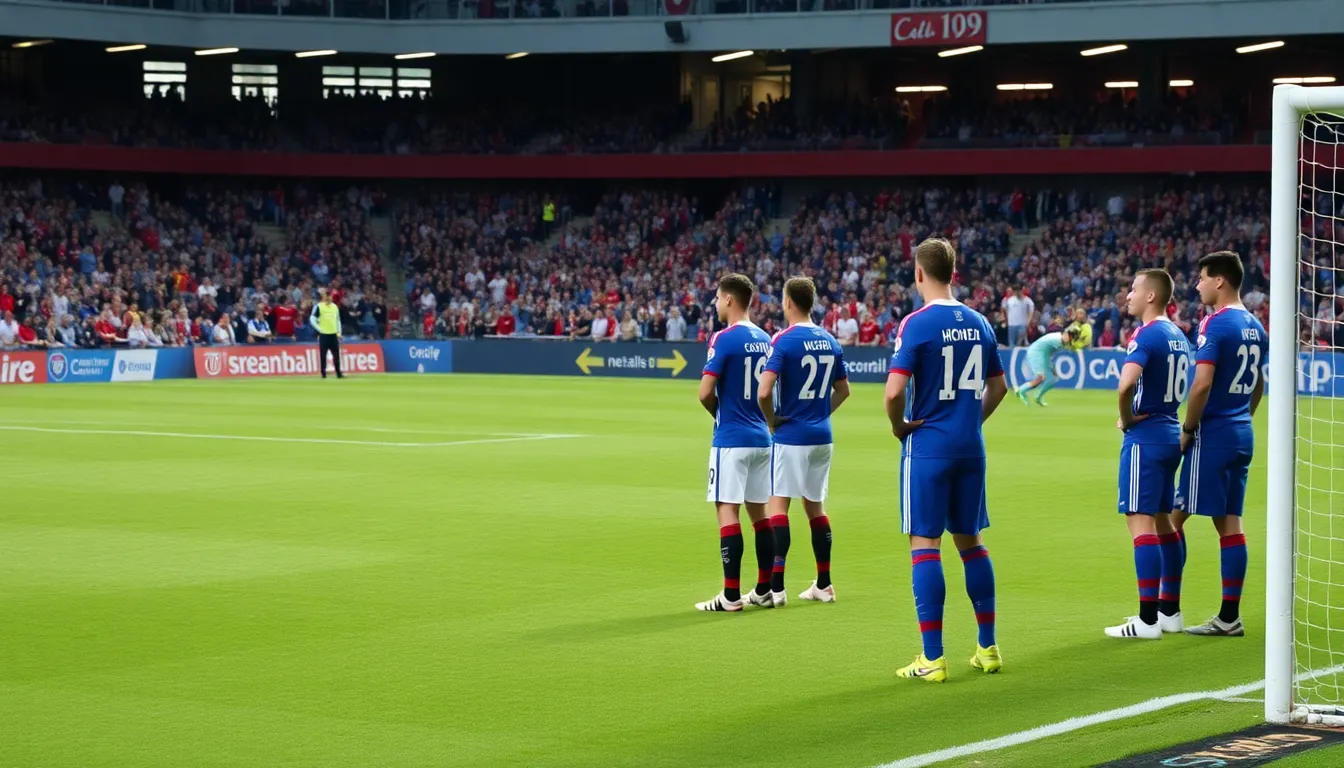 A group of football players stands nervously on the pitch, preparing for a penalty shootout as fans in the stadium hold their breath in anticipation.