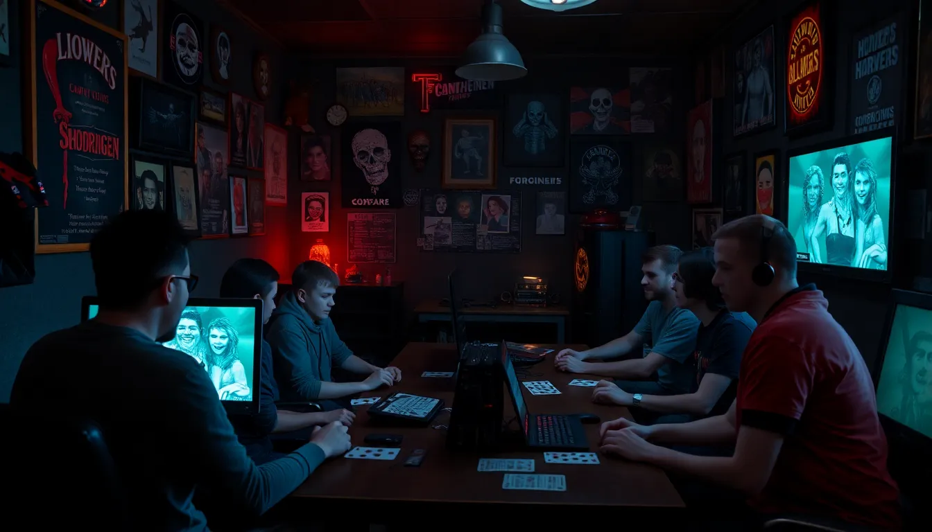 A group of gamers sits in a dimly lit room, intently focused on their screens as they play Forbidden Solitaire, surrounded by nostalgic 90s horror memorabilia.