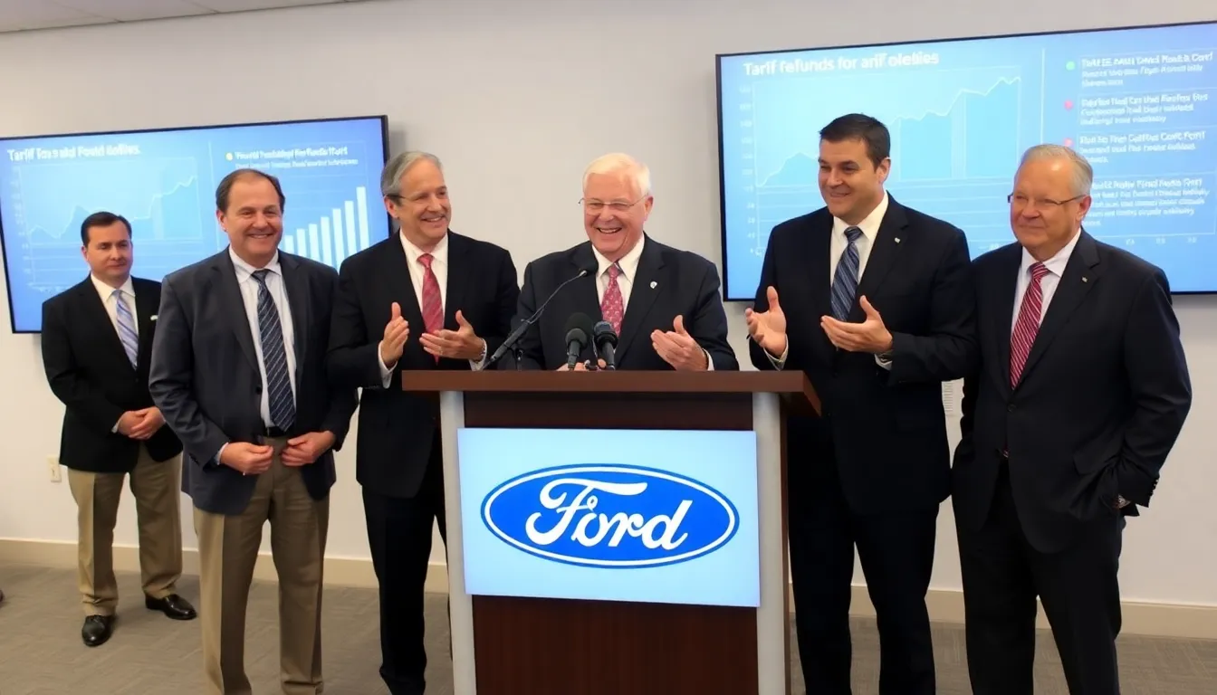 Ford Motor Company executives celebrate a significant profit increase during a press conference, highlighting the impact of tariff refunds on their financial success.
