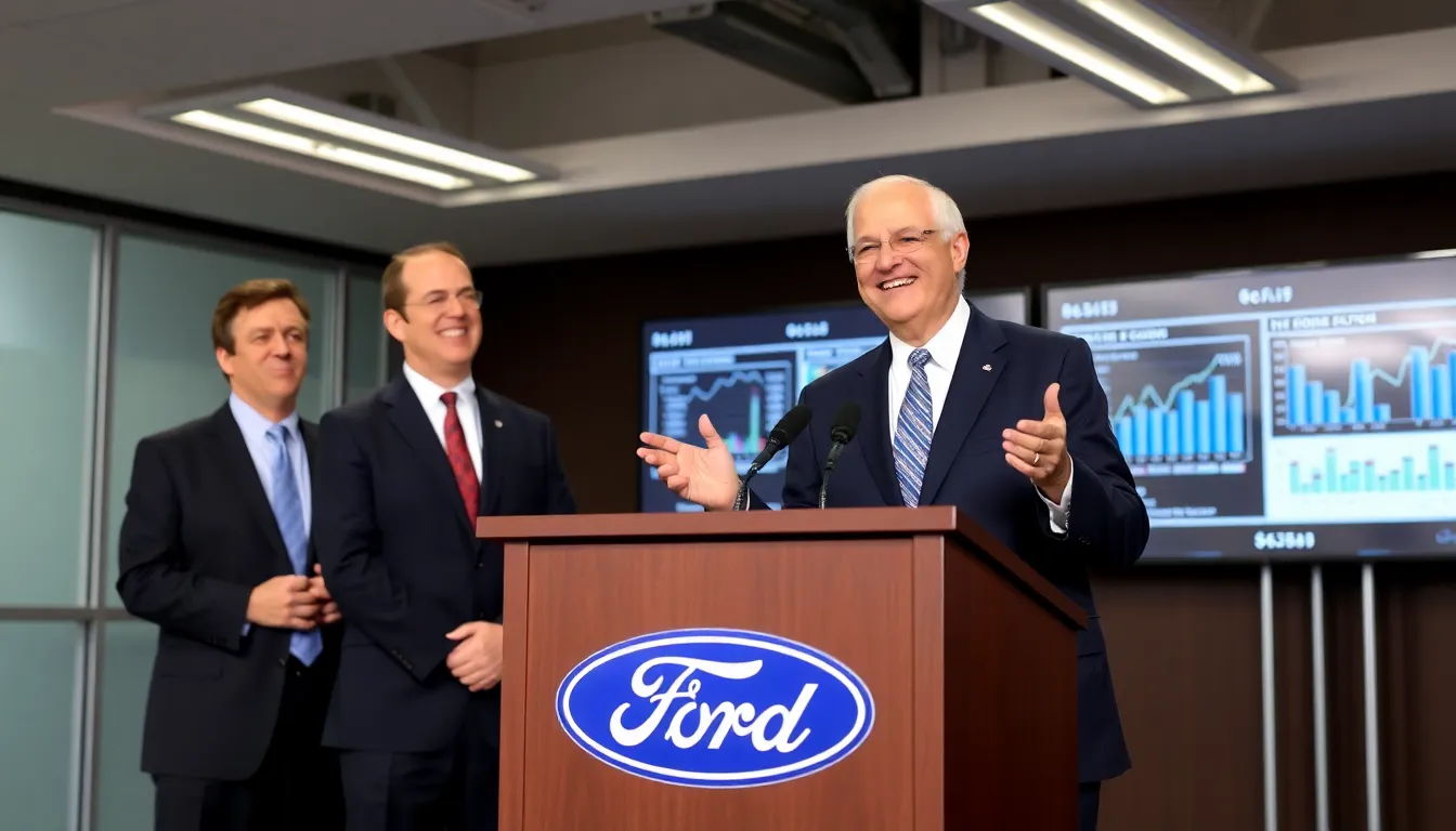 A group of automotive workers celebrating a recent profit increase, reflecting the positive impact on job security and employee morale