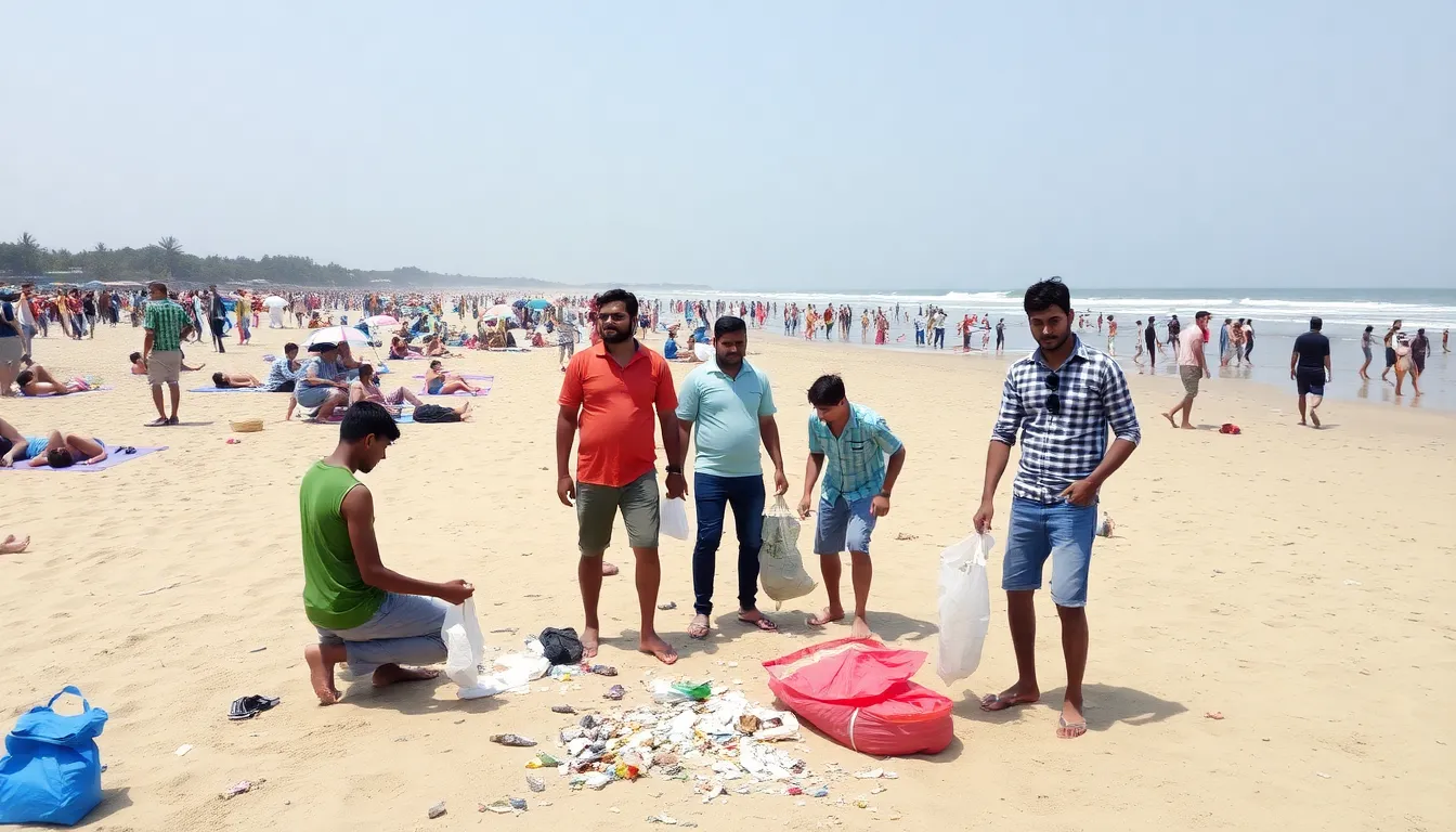 A crowded beach in Goa shows sunbathers and tourists enjoying the sun, while a few individuals appear to be cleaning up litter, highlighting concerns about environmental issues in the area.