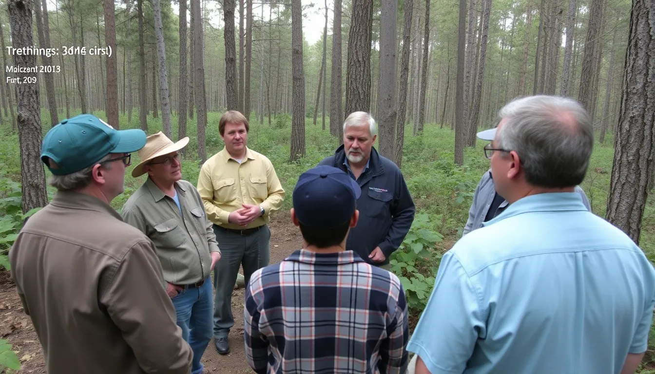 A group of researchers discusses the impact of the upcoming closure of Forest Service Research Labs during a meeting in a wooded area, highlighting concerns over future forest management and climate change adaptation.