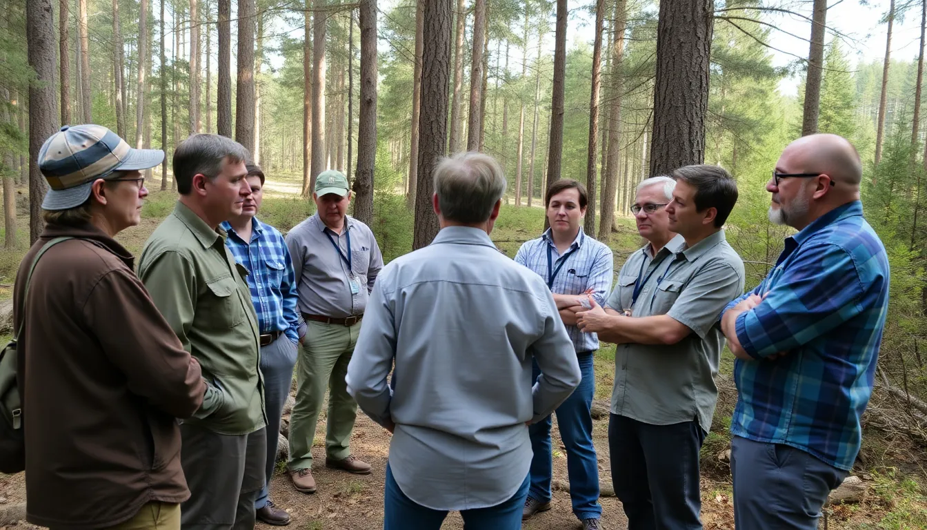 A group of environmental advocates discussing the implications of research lab closures on forest conservation efforts