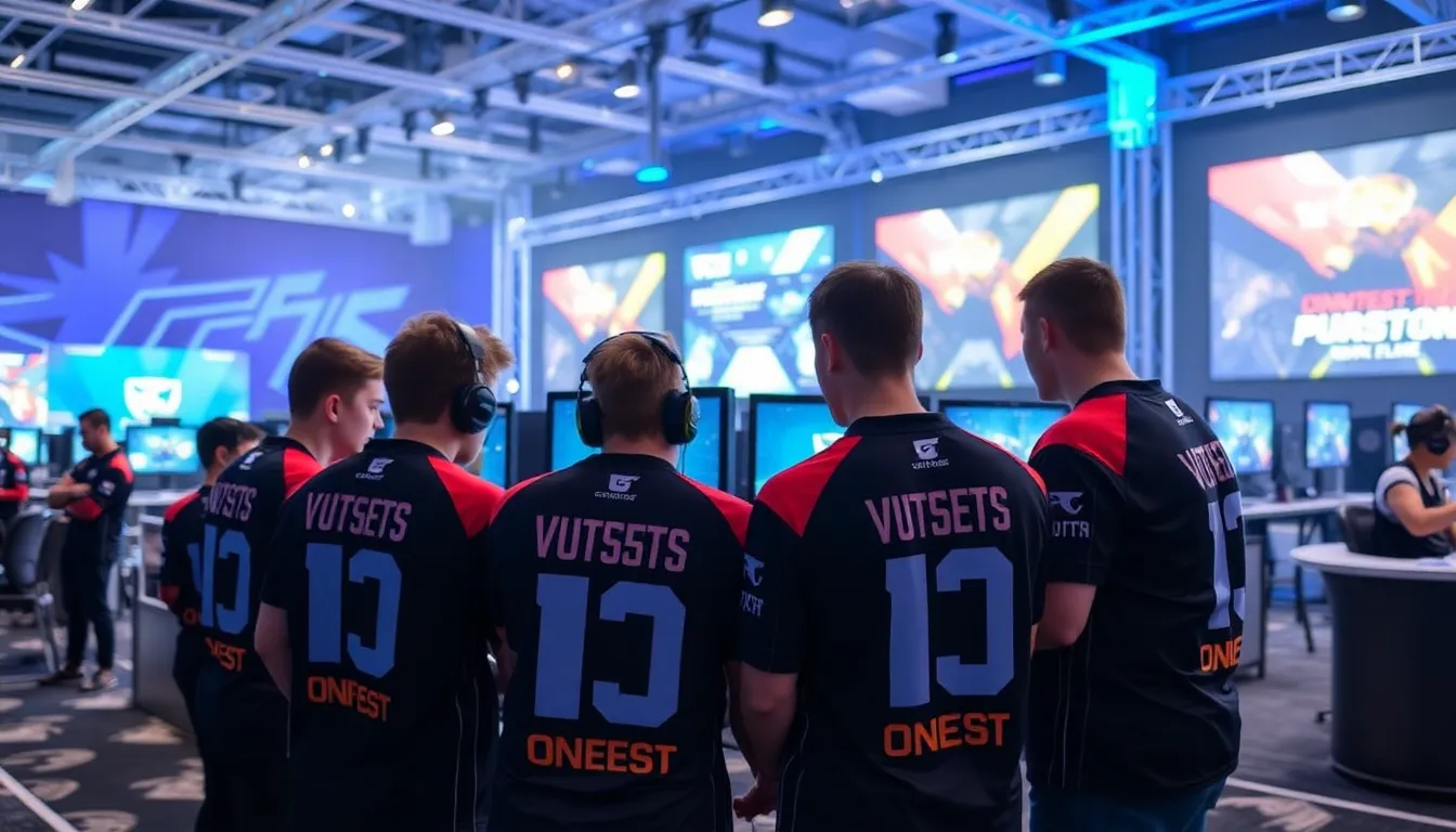 A group of esports players gathers around a computer setup, intensely focused on their screens during a tournament event announcing the new Oceania route for the VCT Pacific Last Chance Qualifier.