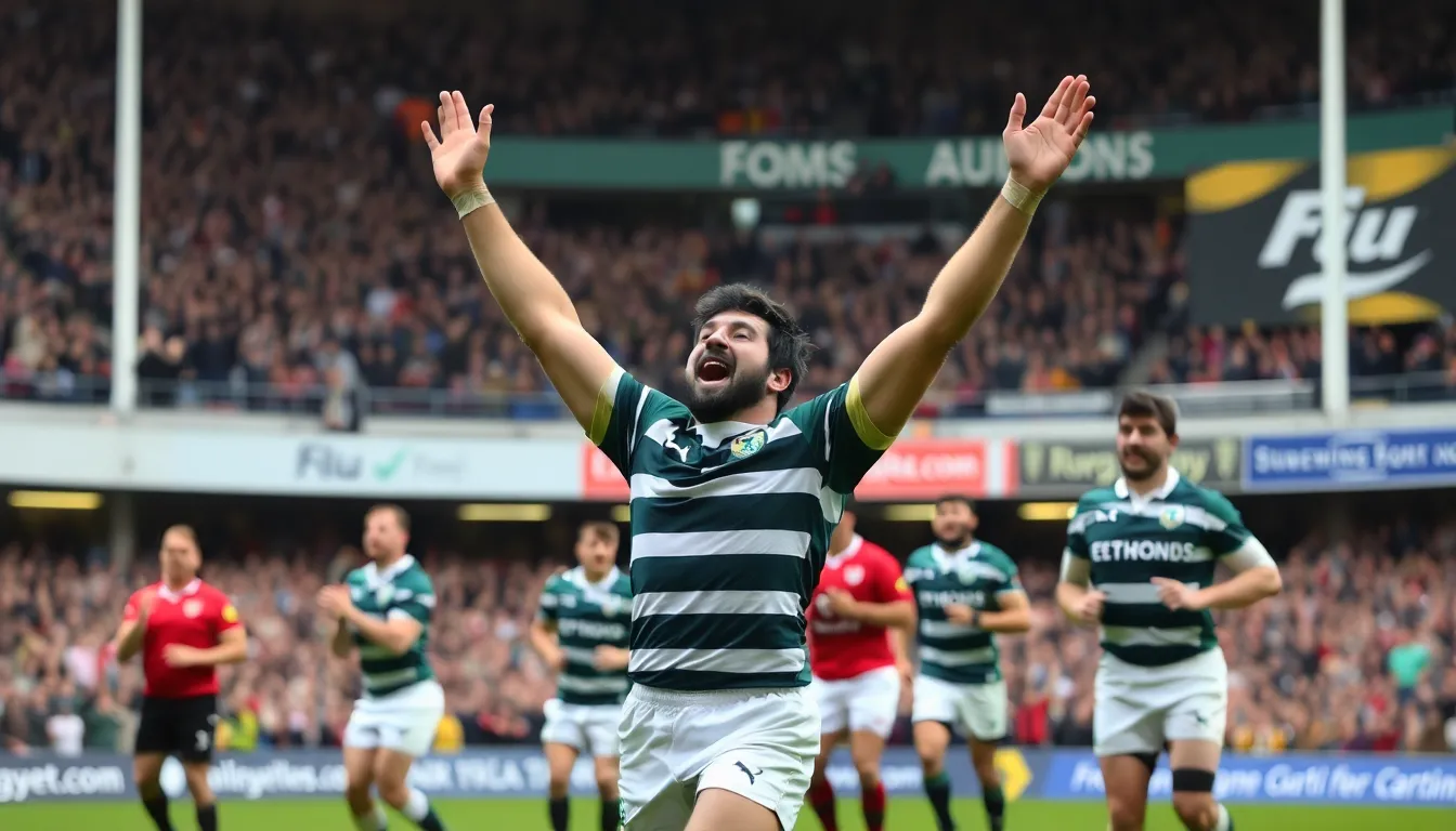 Packer celebrates after scoring one of his four tries during England's decisive victory at Twickenham Stadium, showcasing his pivotal role in the team's success.