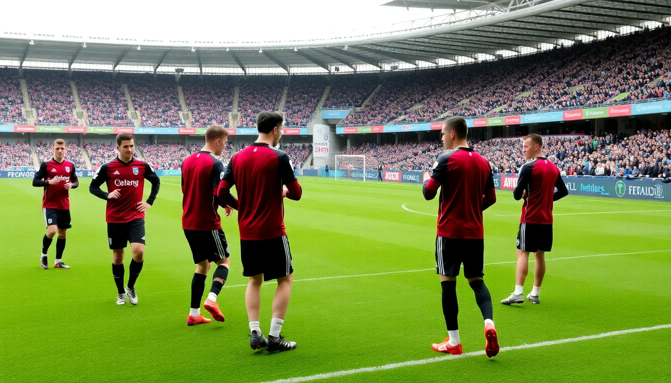 Aston Villa players engage in a tactical discussion during a training session, emphasizing their strategic preparations for the upcoming final