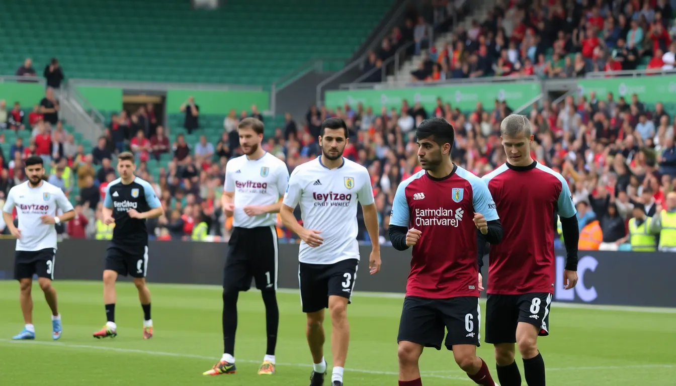 Freiburg and Aston Villa players engage in a tense warmup on the pitch at Aviva Stadium, surrounded by enthusiastic fans eagerly awaiting the Europa League final.
