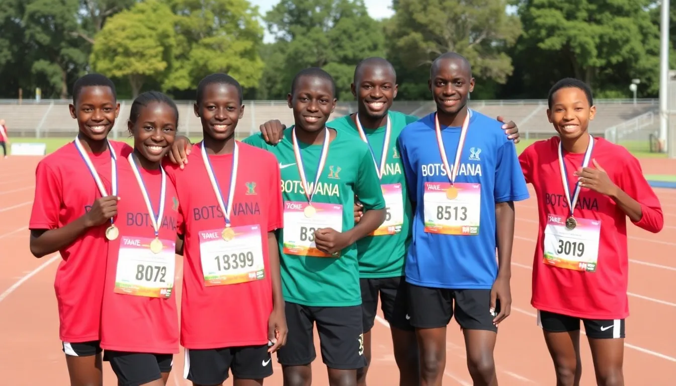 A group of young sprinters from Botswana celebrates their recent victories at an athletics event, showcasing their medals and expressing pride in their country's achievements.