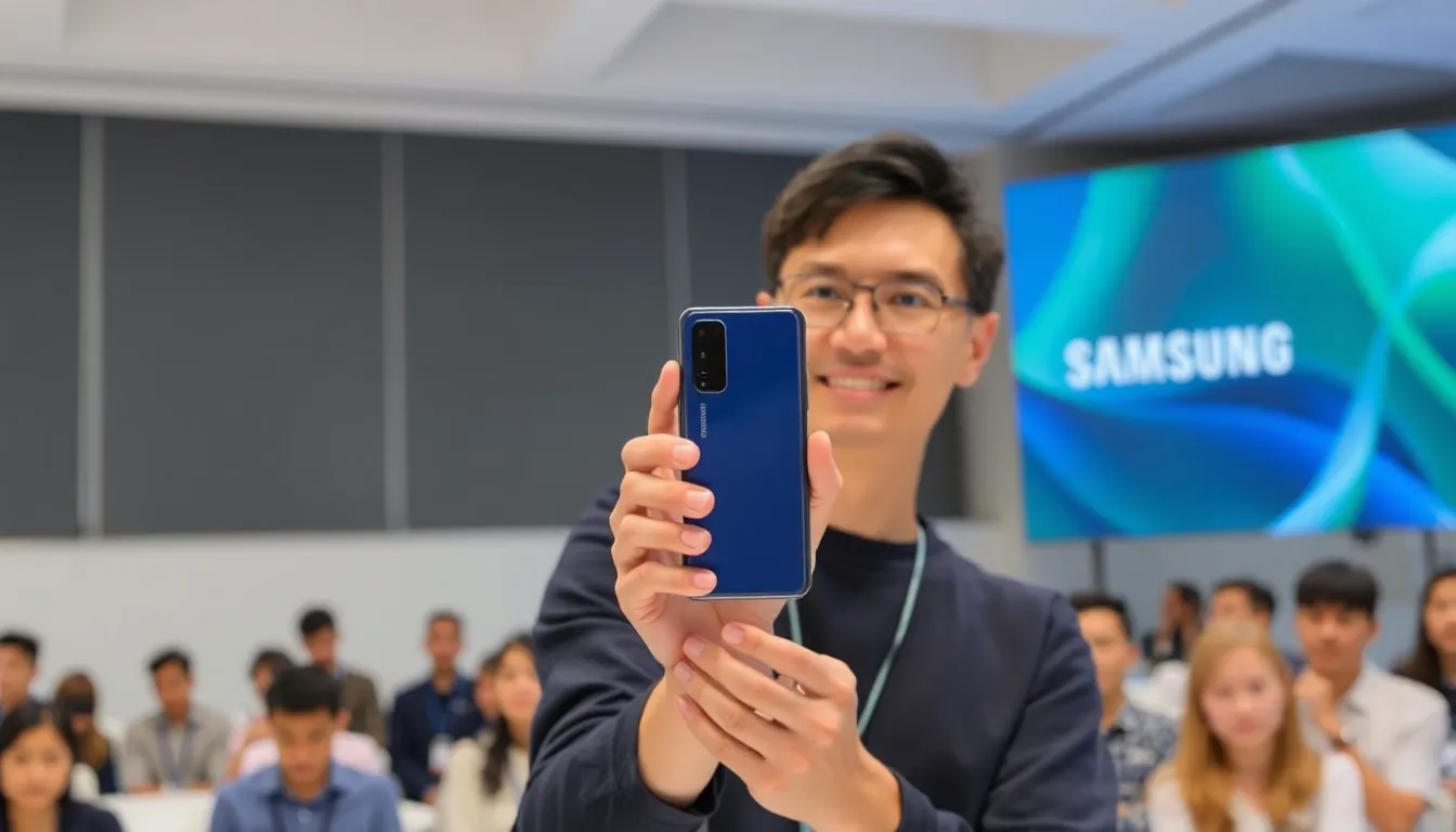 A Samsung representative demonstrates the new Galaxy S26 smartphone at a launch event, highlighting its compact design and advanced features to an engaged audience.