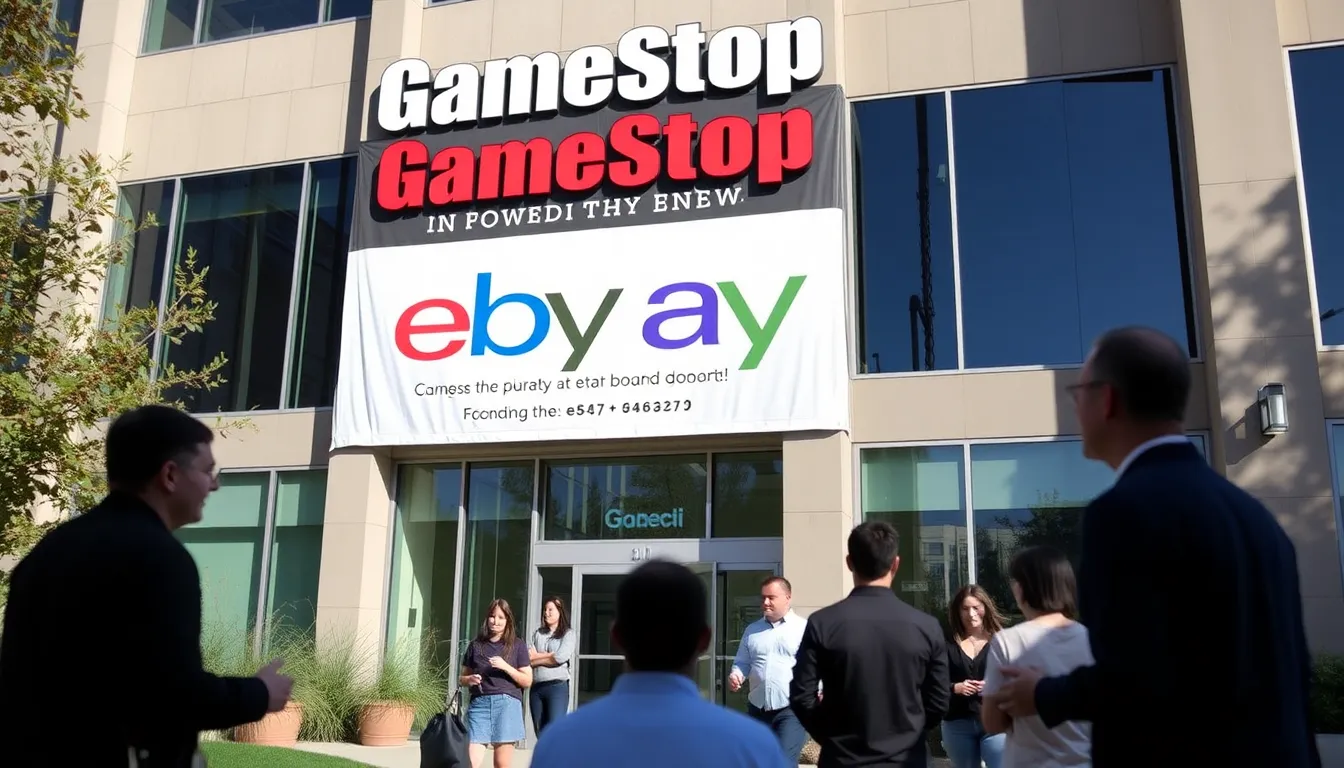 GameStop's headquarters is shown with a large banner announcing its bid for eBay, while employees discuss the implications of the recent rejection by eBay's board.