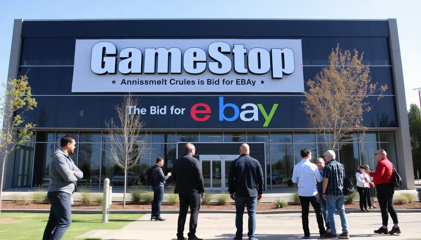 A digital marketplace scene illustrates the competitive landscape eBay faces, emphasizing the importance of innovation in retaining market share against rivals like Amazon and Shopify