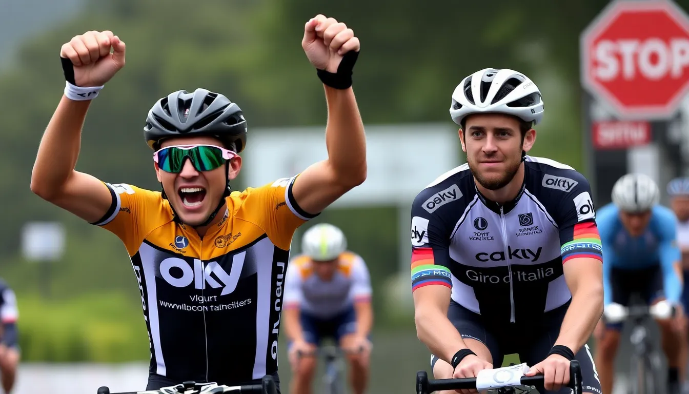 Filippo Ganna celebrates his victory in the Giro d'Italia time trial, while Jonas Vingegaard looks on with a concerned expression after failing to gain the overall lead.