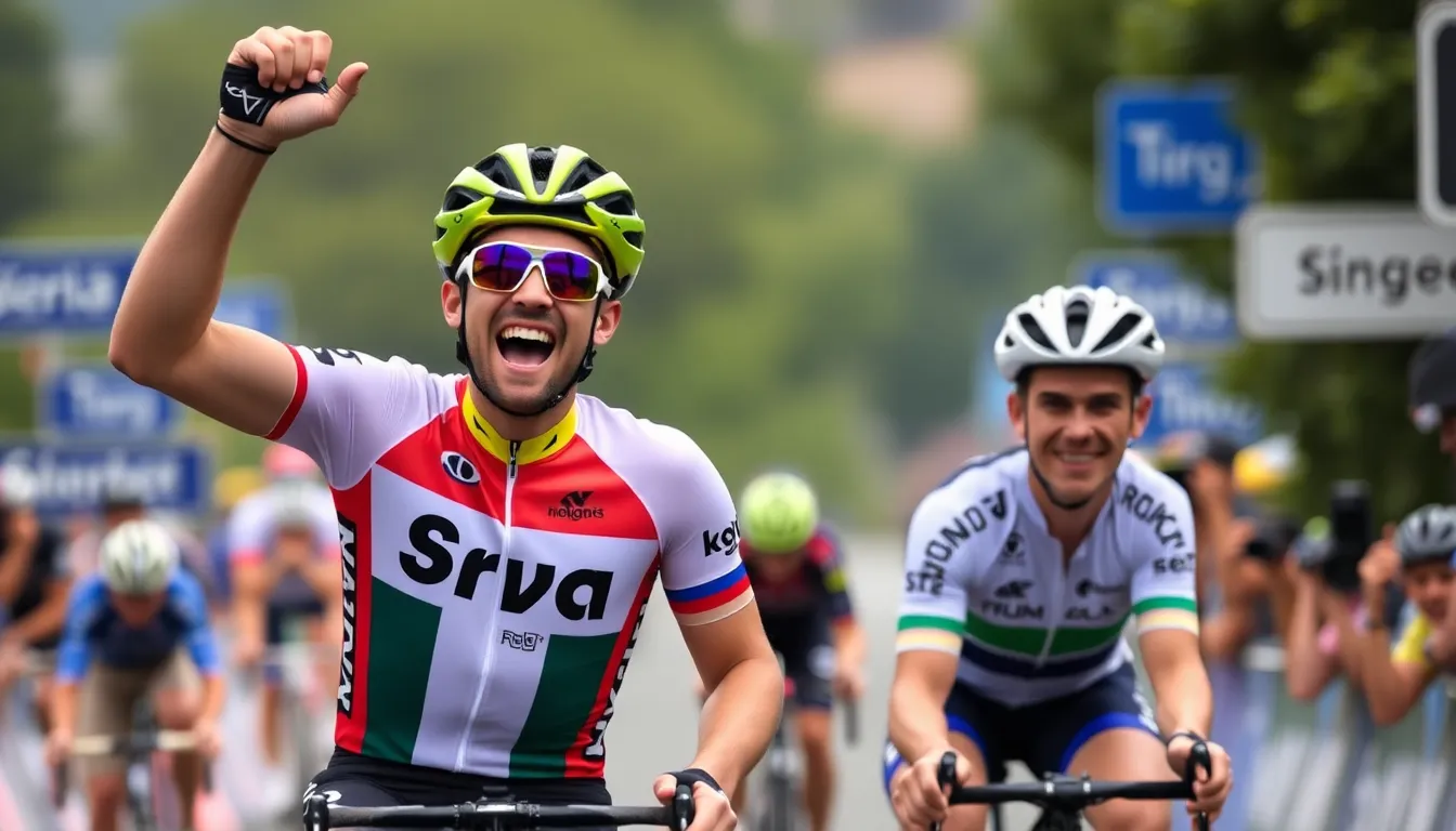 A picturesque view of the Italian landscape serves as the backdrop for the intense time trial, highlighting the demanding terrain faced by the cyclists