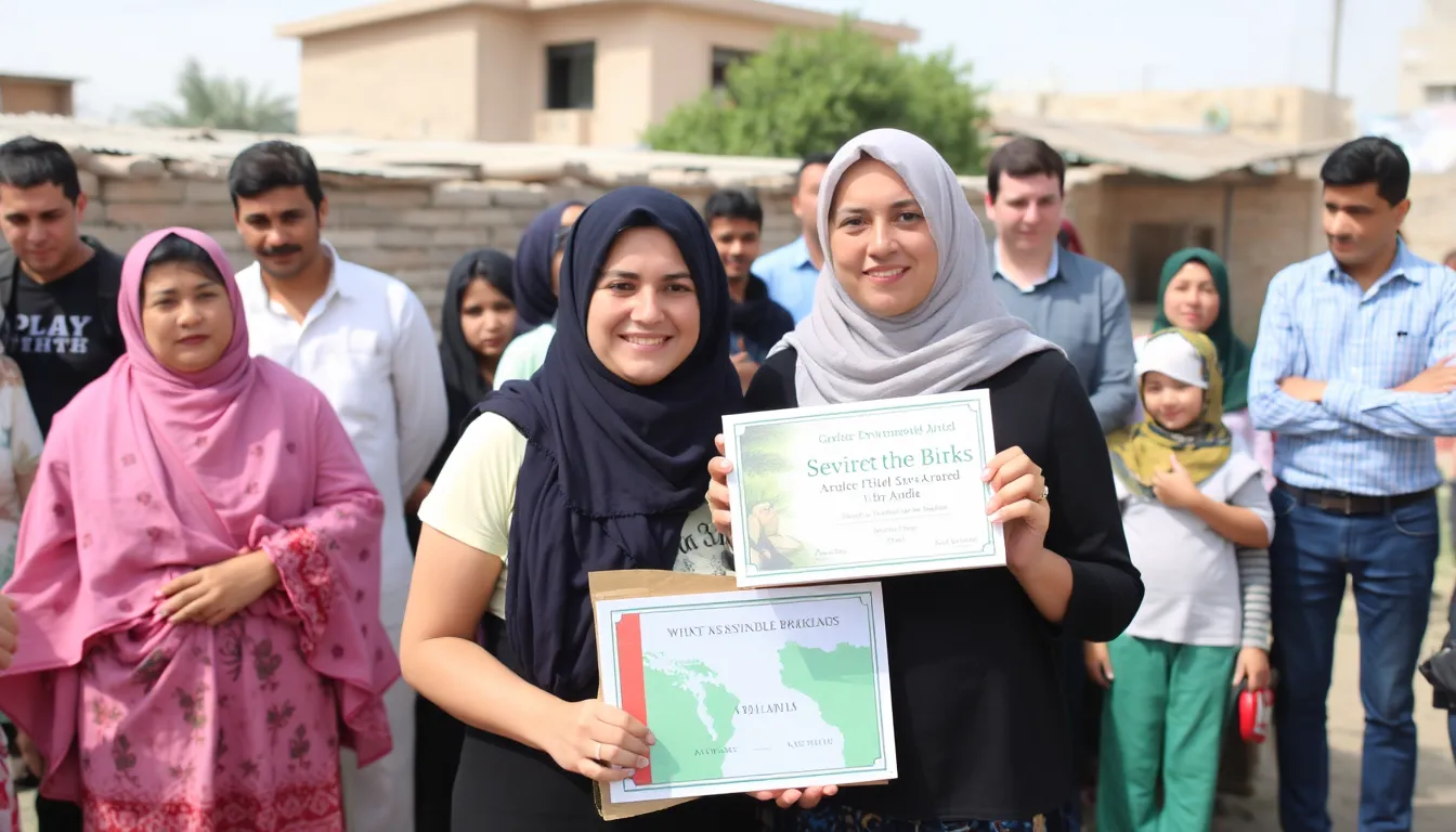 Two sisters from Gaza celebrate their recent environmental award for creating sustainable bricks from rubble, surrounded by community members and supporters at a local event.