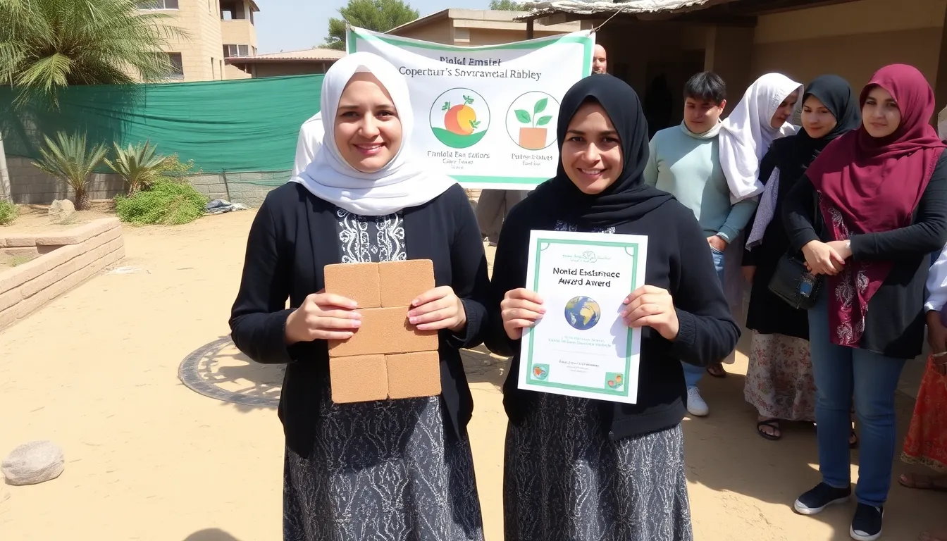 A bustling scene in Gaza highlights local families actively participating in rebuilding their homes with the sisters' ecofriendly bricks, symbolizing hope and resilience