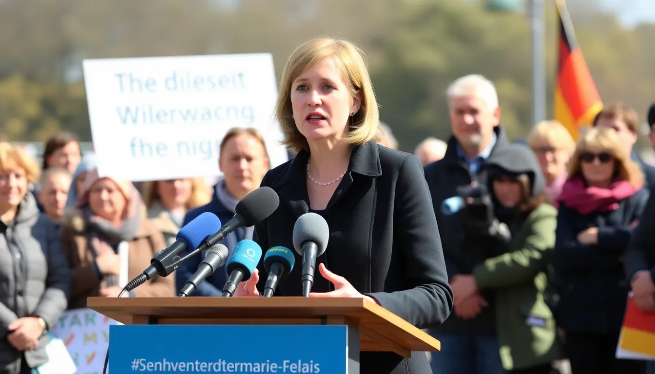 German Environment Minister Steffi Lemke stands at a press conference, passionately advocating for the rescue of a stranded young whale named Timmy, as concerned members of the public and environmentalists gather around her.