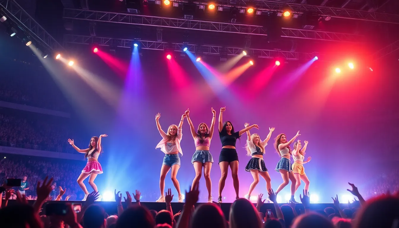 Fans holding colorful light sticks and banners, passionately supporting their favorite girl group during a live performance