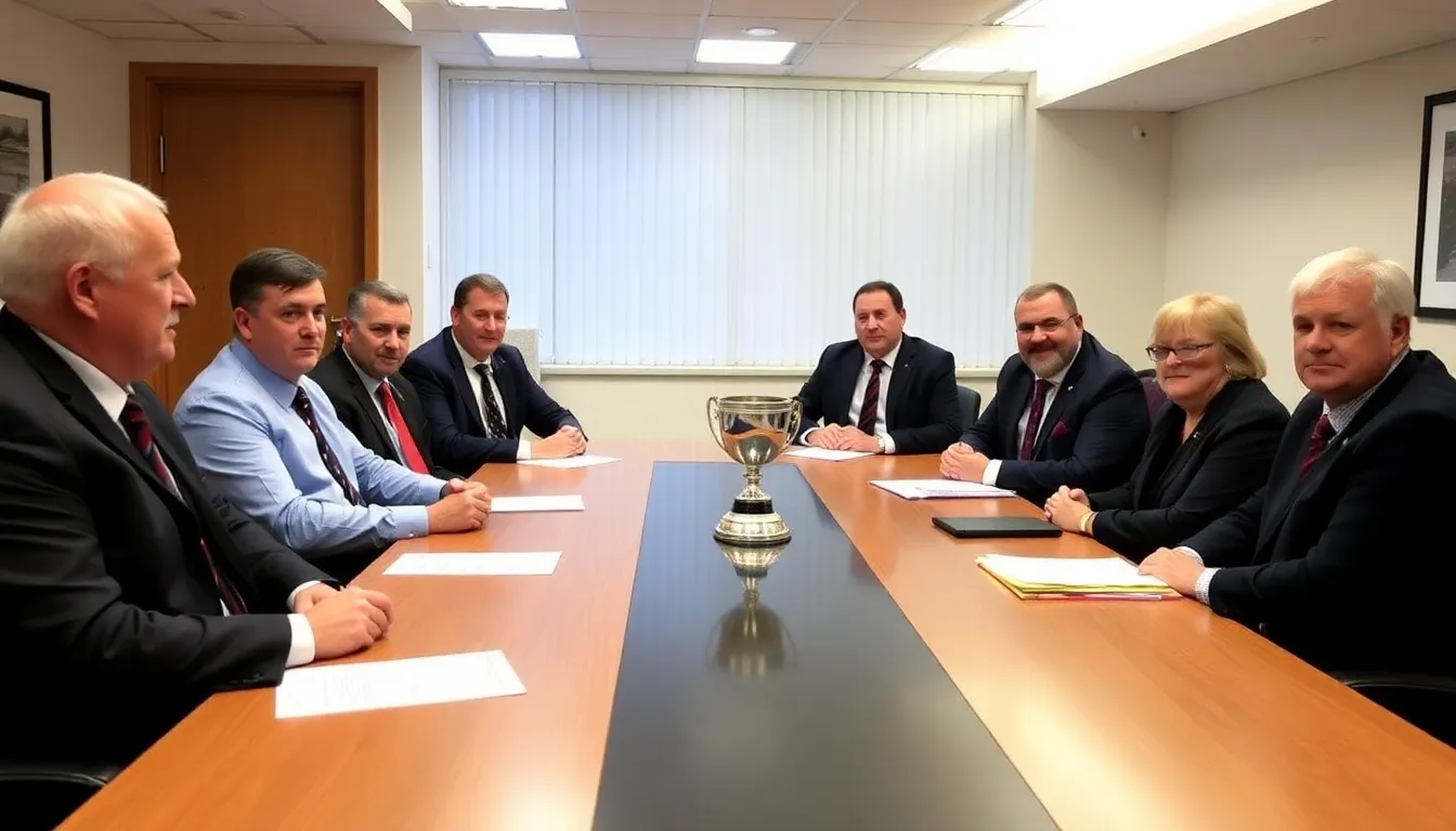 A group of rugby officials and local government representatives engage in discussions at a conference table, weighing the implications of potentially moving the URC final from Glasgow to Belfast.
