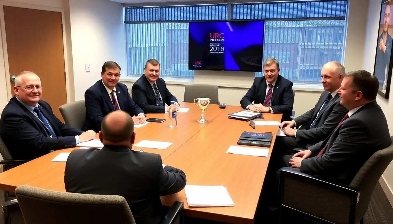 Team officials and local government representatives engaged in discussions, exploring the potential relocation of the URC final
