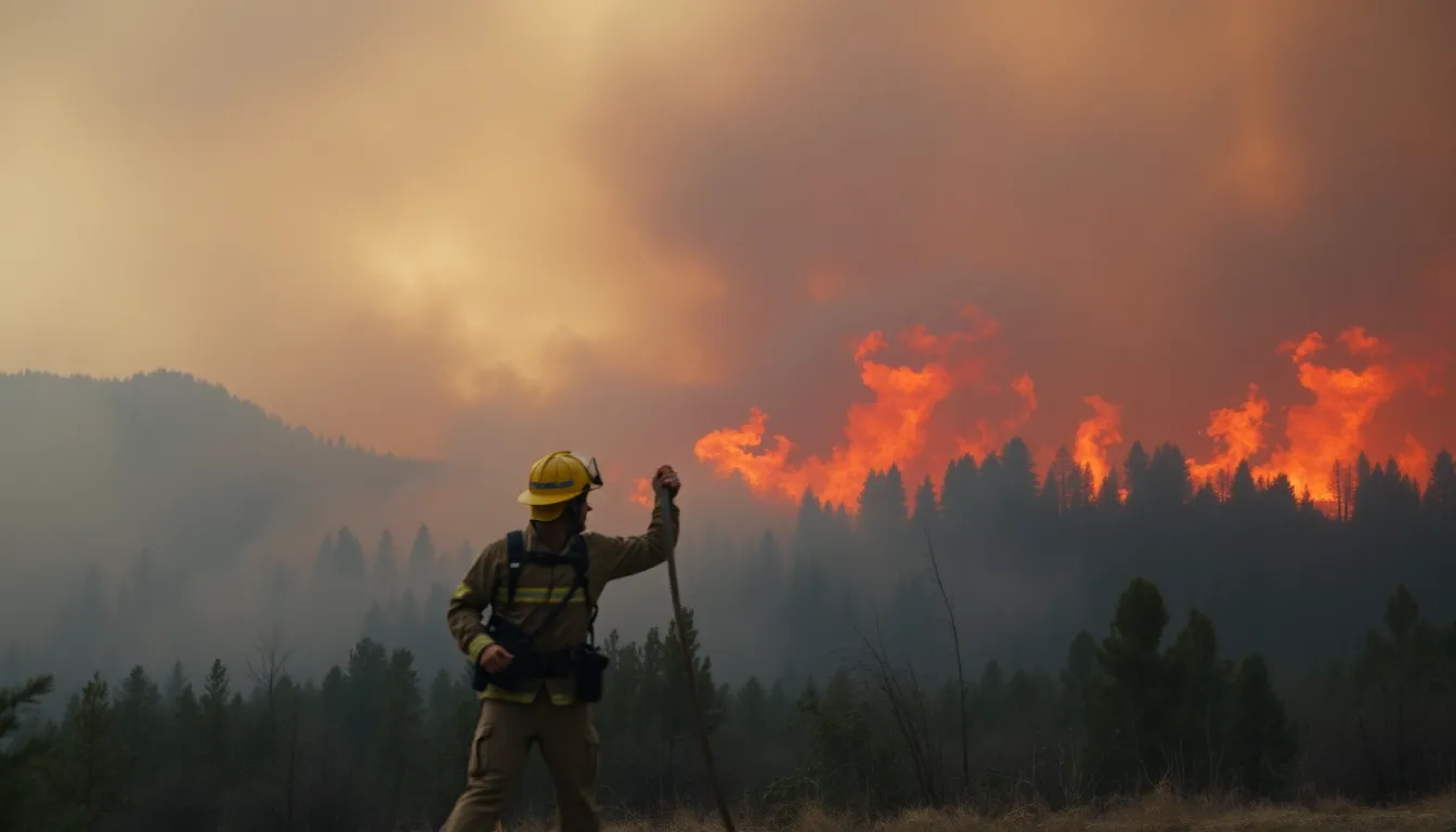 A firefighter battles a large wildfire engulfing a forested area, with thick smoke billowing into the sky and flames consuming trees in the background.