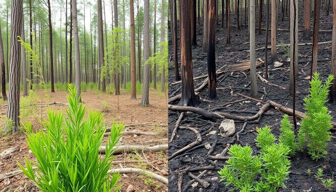 A lush forest area shows signs of recovery with new green growth, while a nearby section reveals charred trees and scorched earth, highlighting the contrasting impacts of conservation efforts and the threat of wildfires.