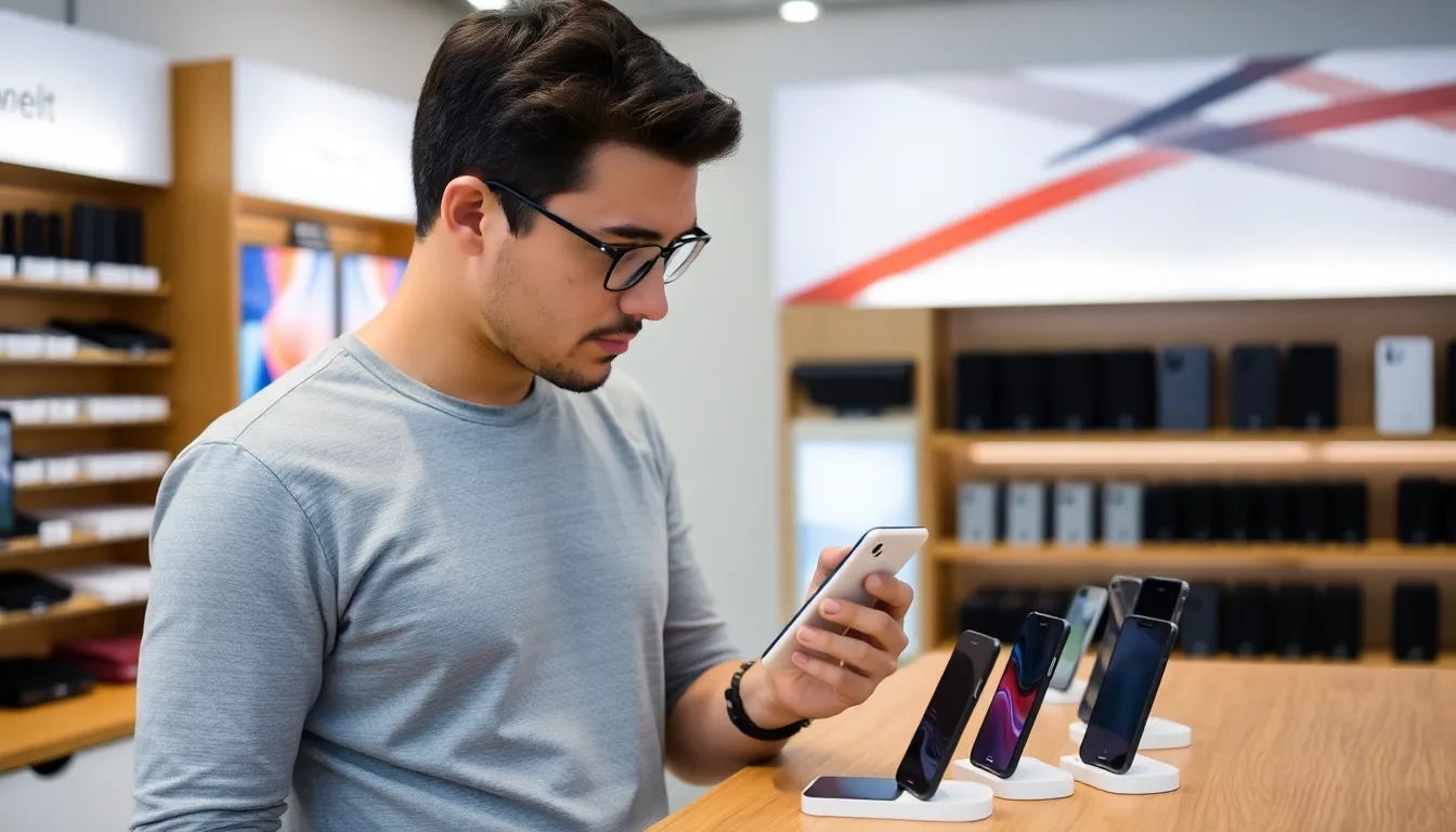 A consumer examines the Google Pixel 10a at a tech store, comparing its features with other smartphones on display.