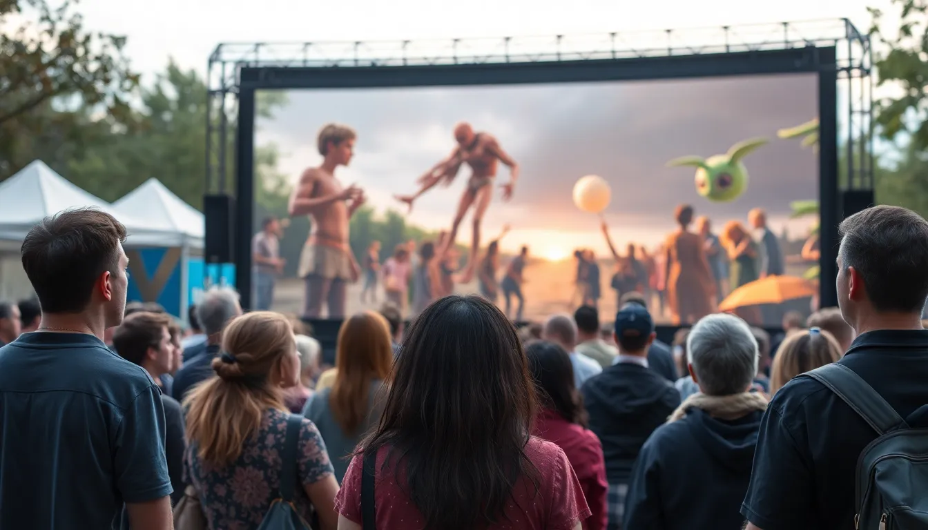 A crowd gathers at a film festival to discuss the implications of AI in cinema, with a large screen displaying scenes from the AIgenerated film "Gossip Goblin" in the background.