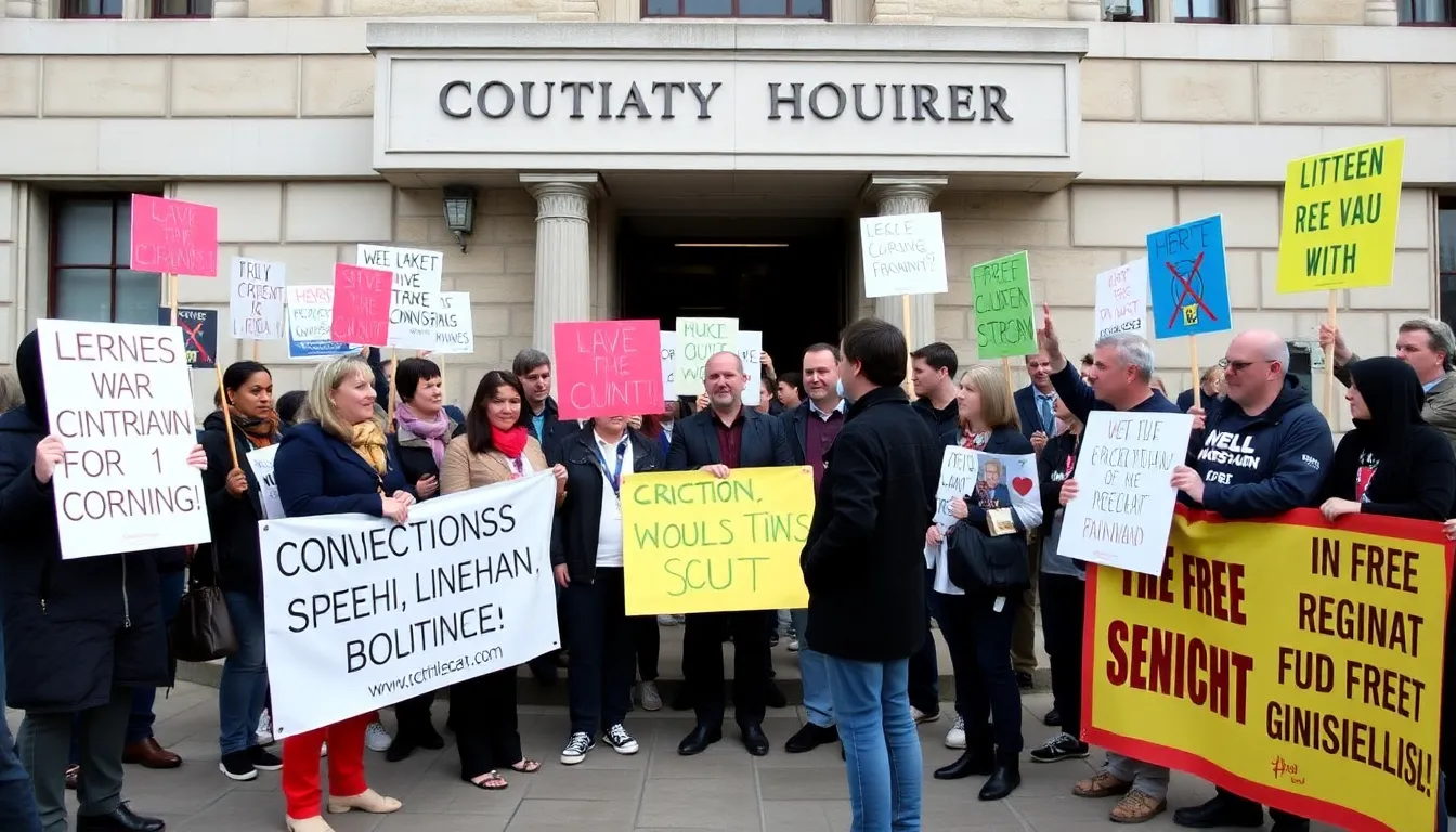 A group of activists gathers outside a courthouse, holding signs and banners in support of free speech and discussing the recent overturning of Graham Linehan's conviction.