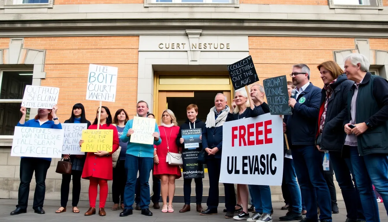 A courtroom scene reflecting the legal proceedings related to Linehan's overturned conviction for damaging a trans activist's phone