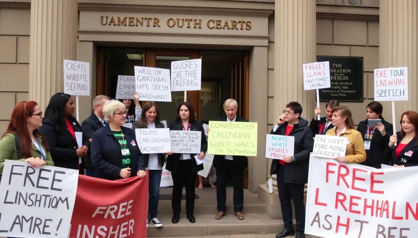 Activists from various groups gathered to express their views on the implications of the recent ruling regarding free speech and transgender rights