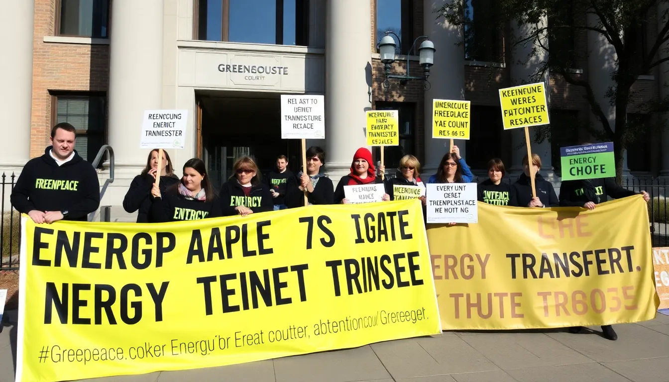 A group of Greenpeace activists stands outside a courthouse holding banners and signs, expressing their opposition to Energy Transfer following a recent legal ruling.