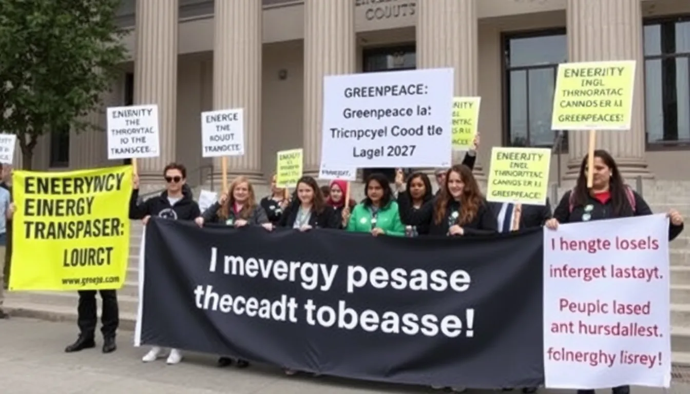 A courtroom scene depicting the legal proceedings between Greenpeace and Energy Transfer, highlighting the serious nature of environmental litigation
