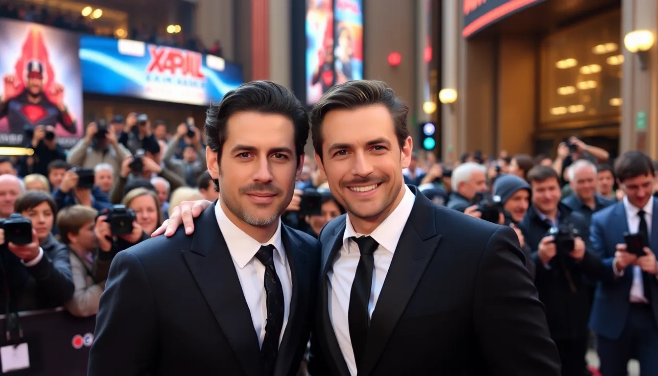 Jake Gyllenhaal and Henry Cavill share a moment on the red carpet, surrounded by fans and photographers at the premiere of their latest film in a bustling theater.