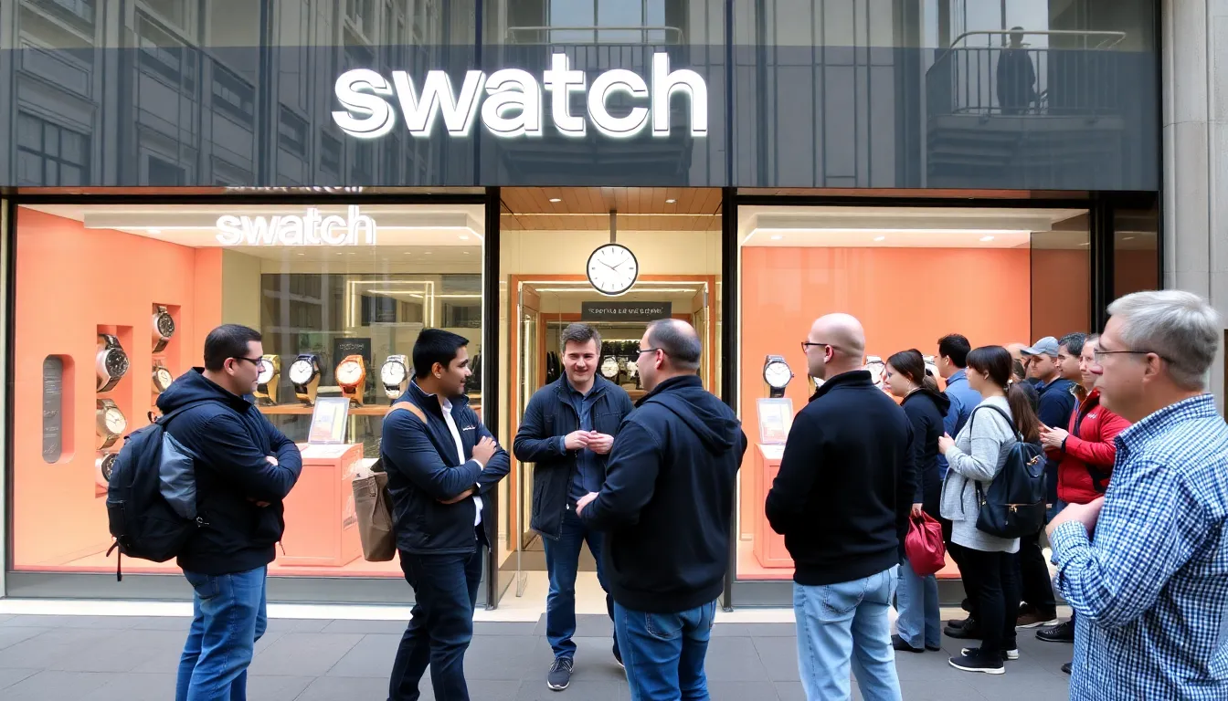 A group of watch enthusiasts gathers outside a Swatch store, eagerly discussing the latest limited edition releases while others line up to make purchases.