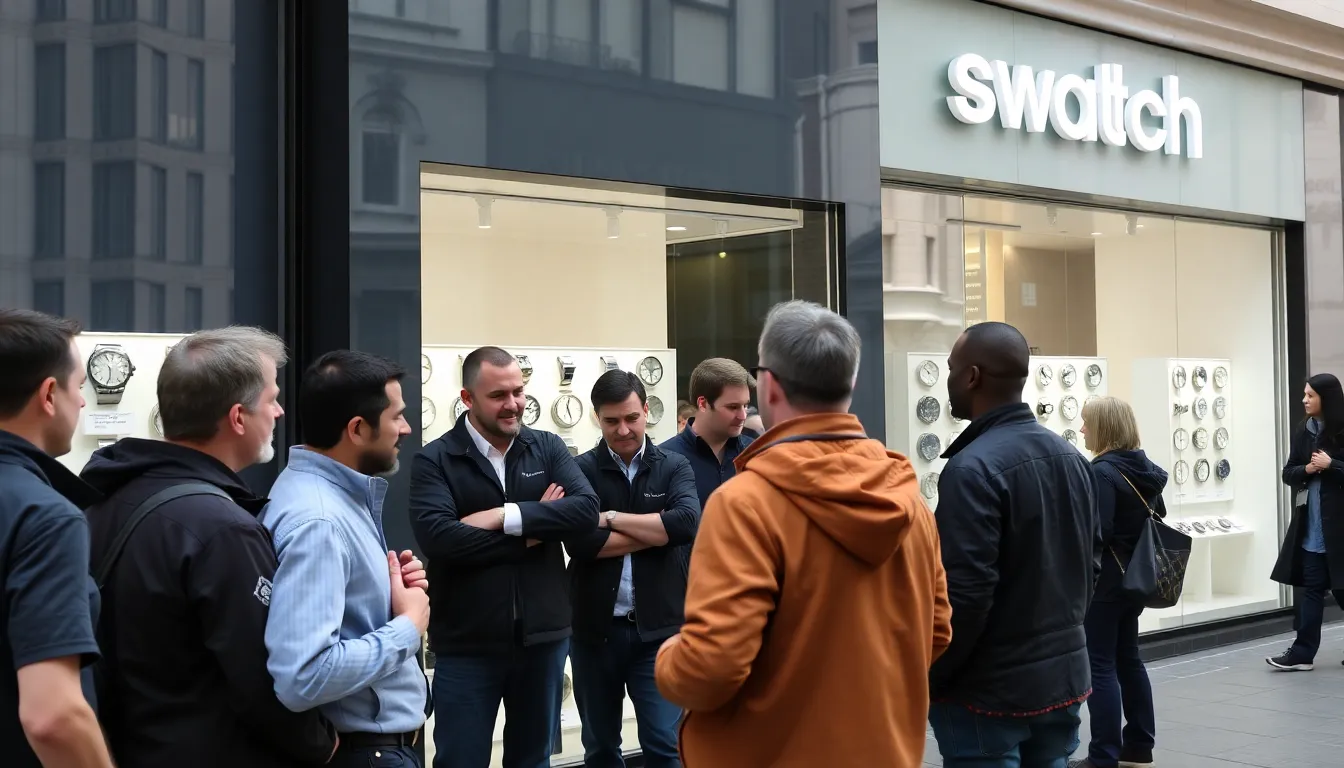 A bustling retail environment with customers exploring the latest Swatch models, highlighting the brand's resurgence in popularity