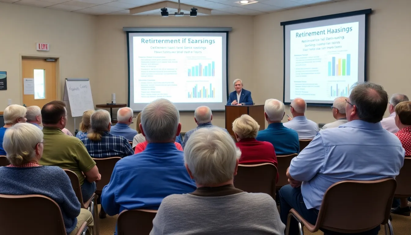 A group of concerned adults attends a community meeting focused on retirement savings and pension reform, with charts and statistics displayed on a screen behind them.