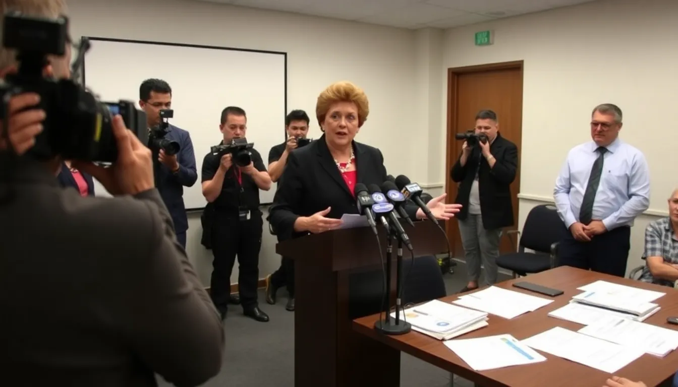 Pauline Hanson stands at a podium during a press conference, passionately discussing her new gas policy while addressing concerns over the proposed export tax.