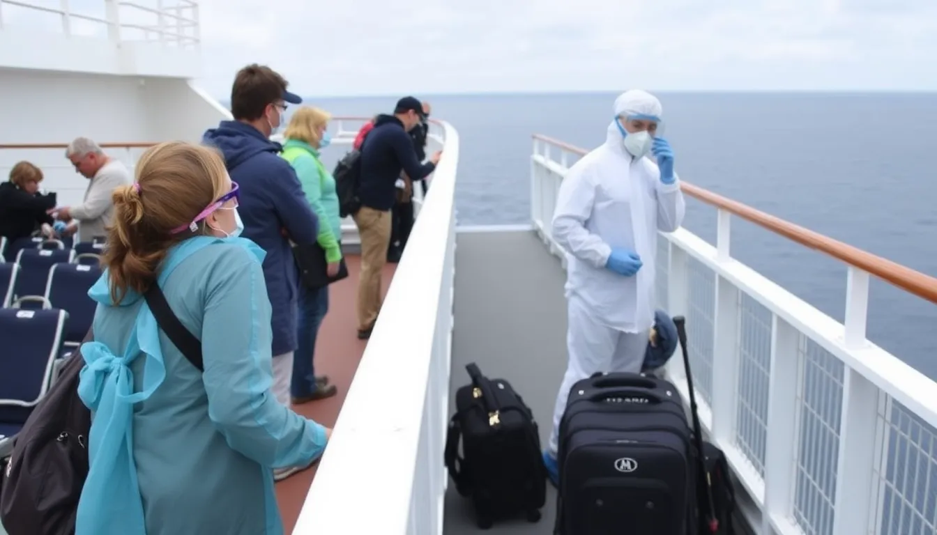 Passengers aboard a cruise ship gather on deck as health officials conduct an investigation into recent hantavirusrelated deaths among travelers.