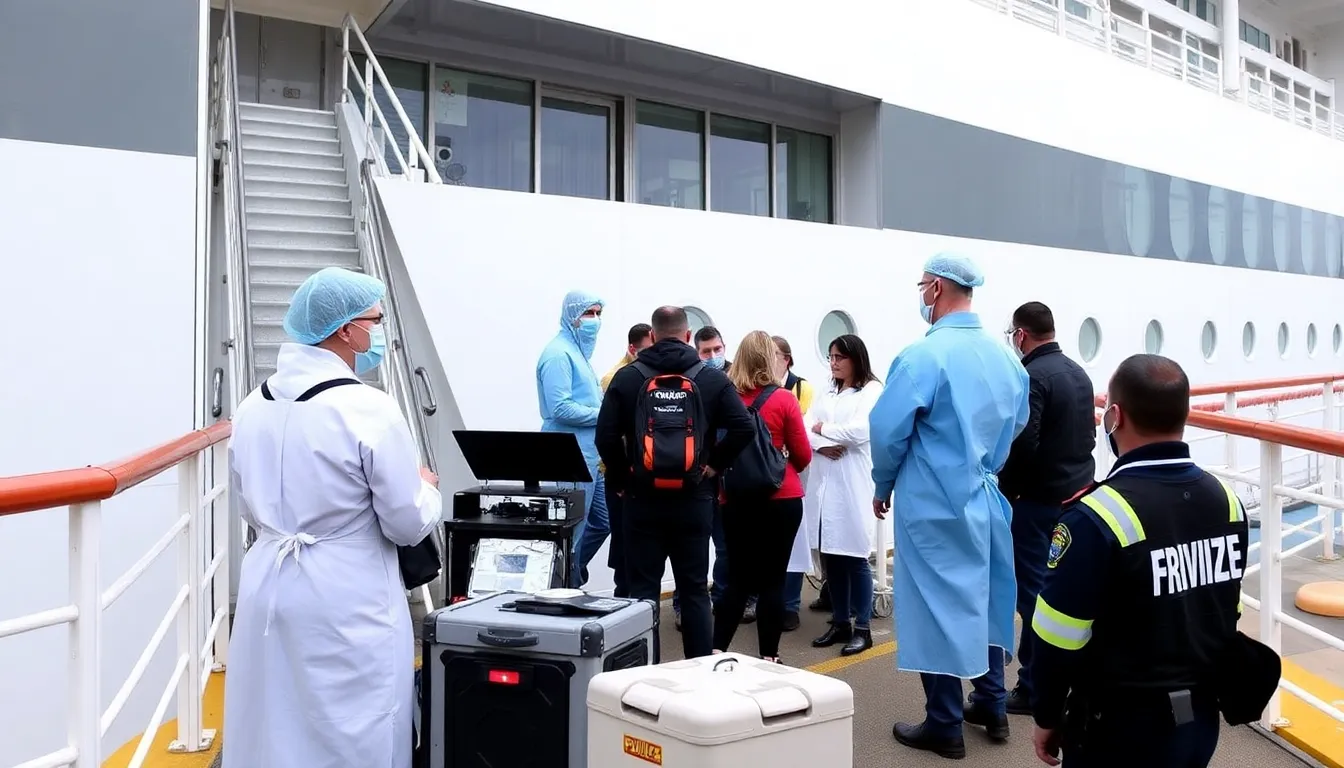 Health officials in protective gear interview passengers on a cruise ship docked at a major port amid concerns of potential Hantavirus transmission.