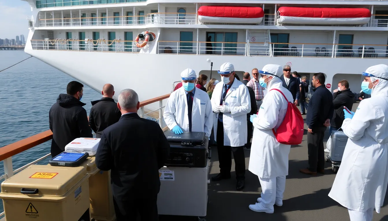 A cruise ship docked at port, illustrating the confined environment that raises concerns about the spread of infectious diseases
